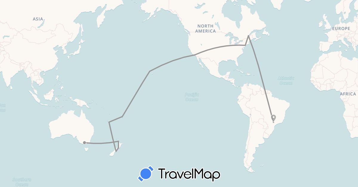 TravelMap itinerary: driving, plane in Australia, Brazil, Canada, Fiji, New Caledonia, New Zealand, United States (North America, Oceania, South America)